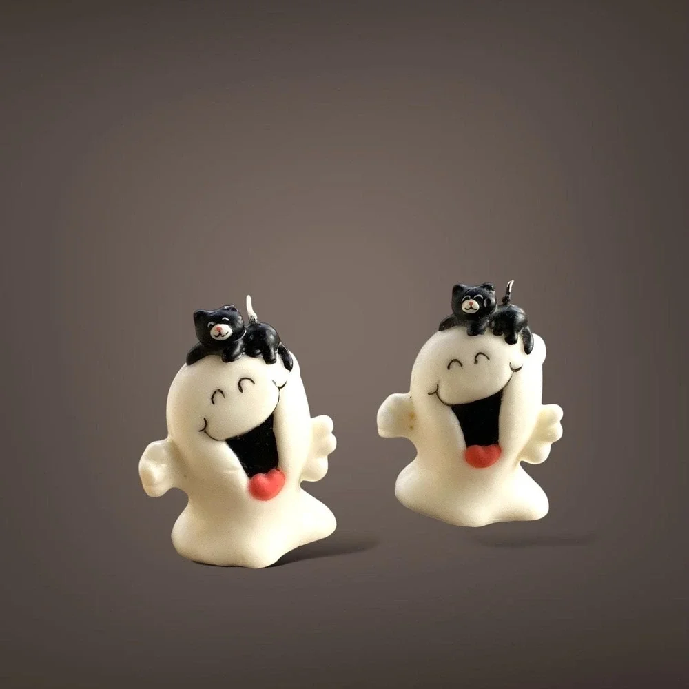 Vintage Halloween Candles Happy Ghosts with Black Cats NOT Burned